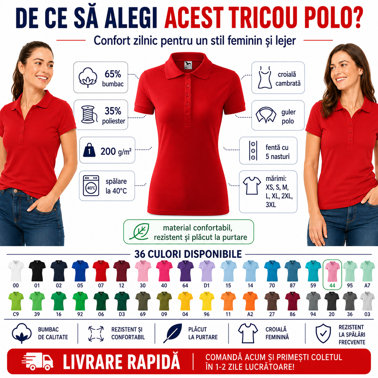 Beneficii tricou polo damă Malfini 210 Pique Polo, bumbac, poliester, croială feminină